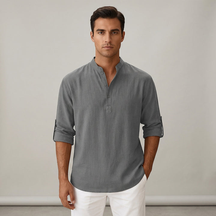 Chemise en lin pour homme avec col mao et manches longues