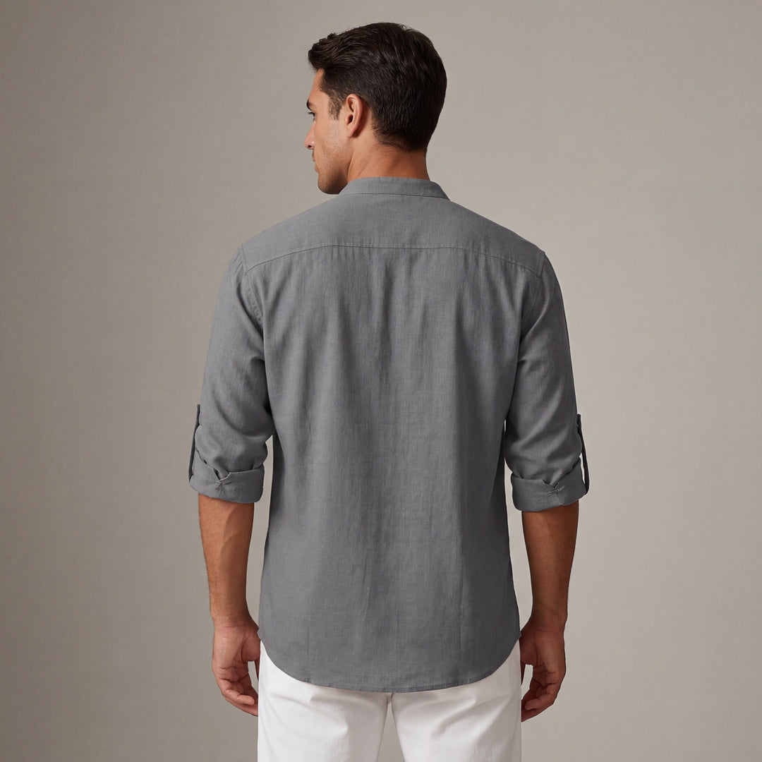 Chemise en lin pour homme avec col mao et manches longues