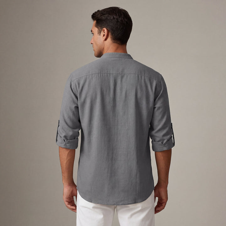 Chemise en lin pour homme avec col mao et manches longues