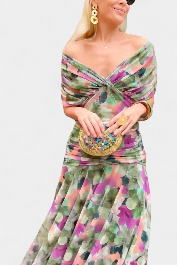 Vestido Largo Estampado Floral con Escote en V y Cintura Plisada | Vestido de Fiesta Elegante para Mujer y Eventos Especiales