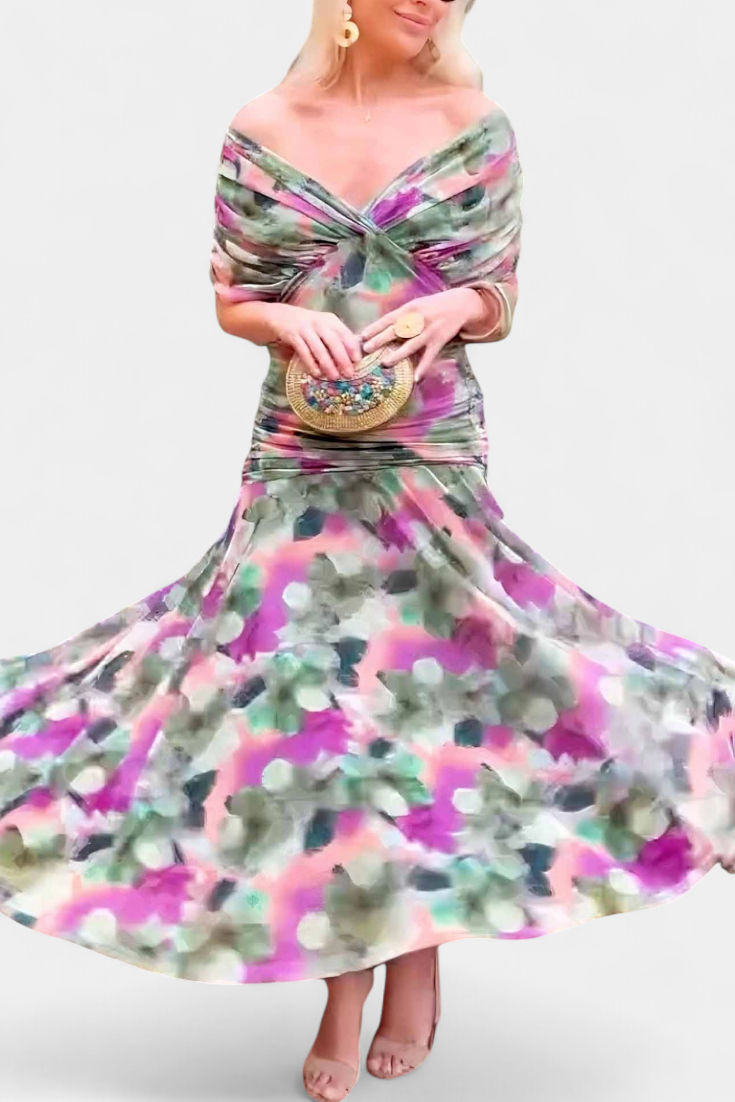 Vestido Largo Estampado Floral con Escote en V y Cintura Plisada | Vestido de Fiesta Elegante para Mujer y Eventos Especiales