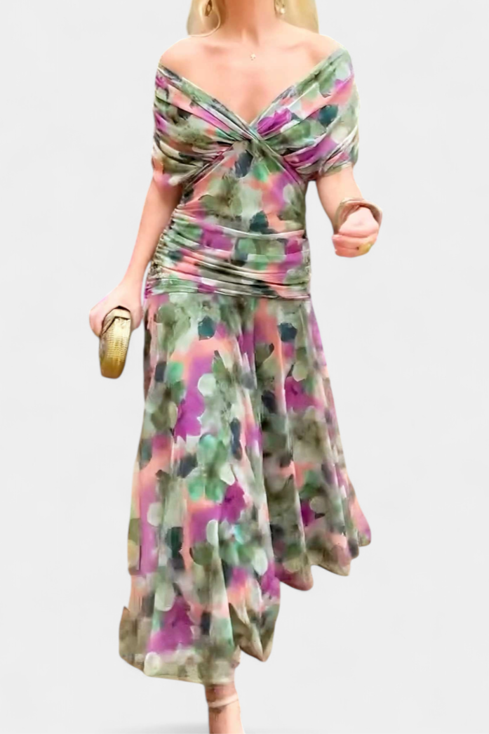 Vestido Largo Estampado Floral con Escote en V y Cintura Plisada | Vestido de Fiesta Elegante para Mujer y Eventos Especiales