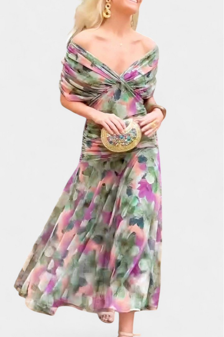 Vestido Largo Estampado Floral con Escote en V y Cintura Plisada | Vestido de Fiesta Elegante para Mujer y Eventos Especiales