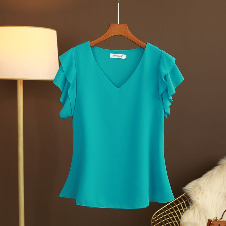 Blusa elegante de gasa para mujer con mangas fluidas y escote en V