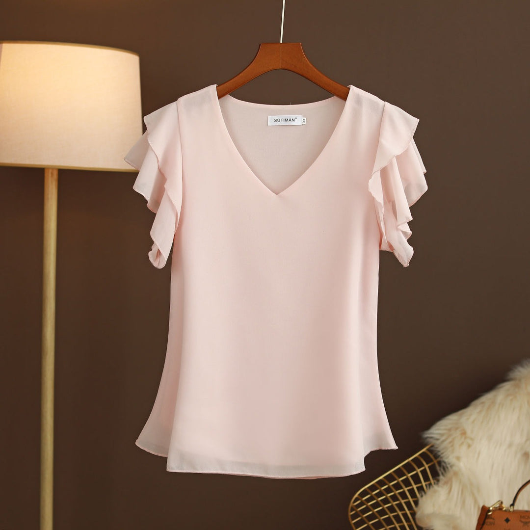 Blusa elegante de gasa para mujer con mangas fluidas y escote en V