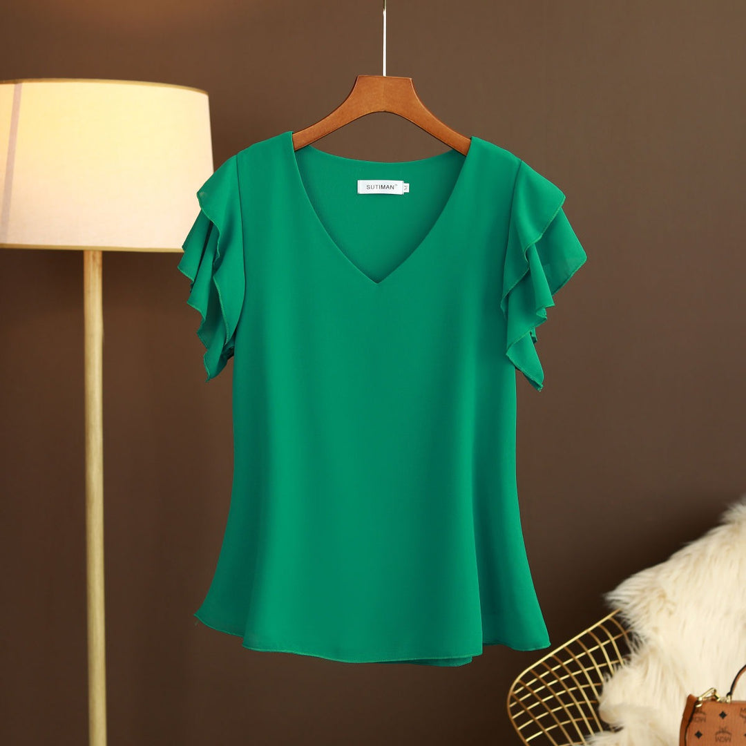 Blusa elegante de gasa para mujer con mangas fluidas y escote en V