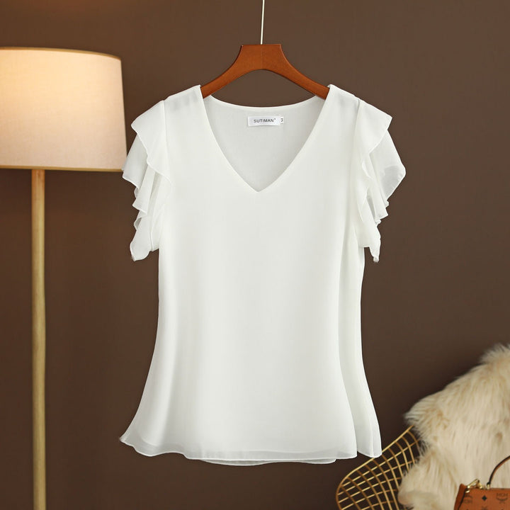 Blusa elegante de gasa para mujer con mangas fluidas y escote en V