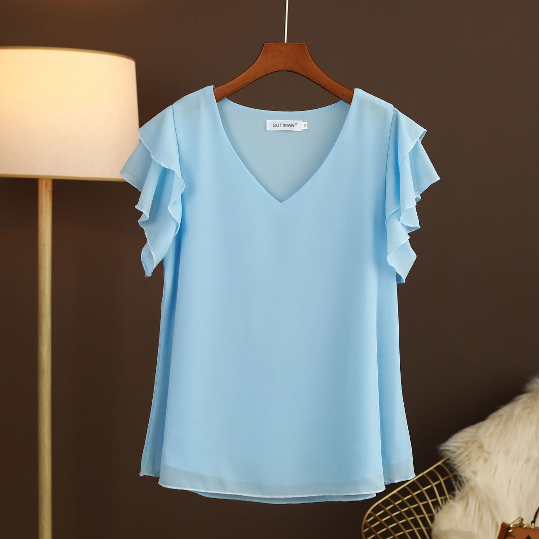 Blusa elegante de gasa para mujer con mangas fluidas y escote en V
