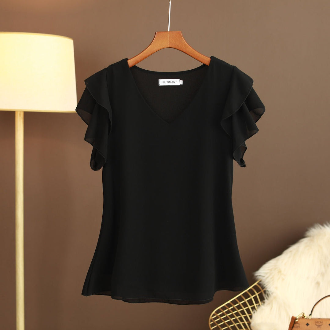 Blusa elegante de gasa para mujer con mangas fluidas y escote en V
