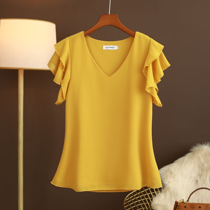 Blusa elegante de gasa para mujer con mangas fluidas y escote en V