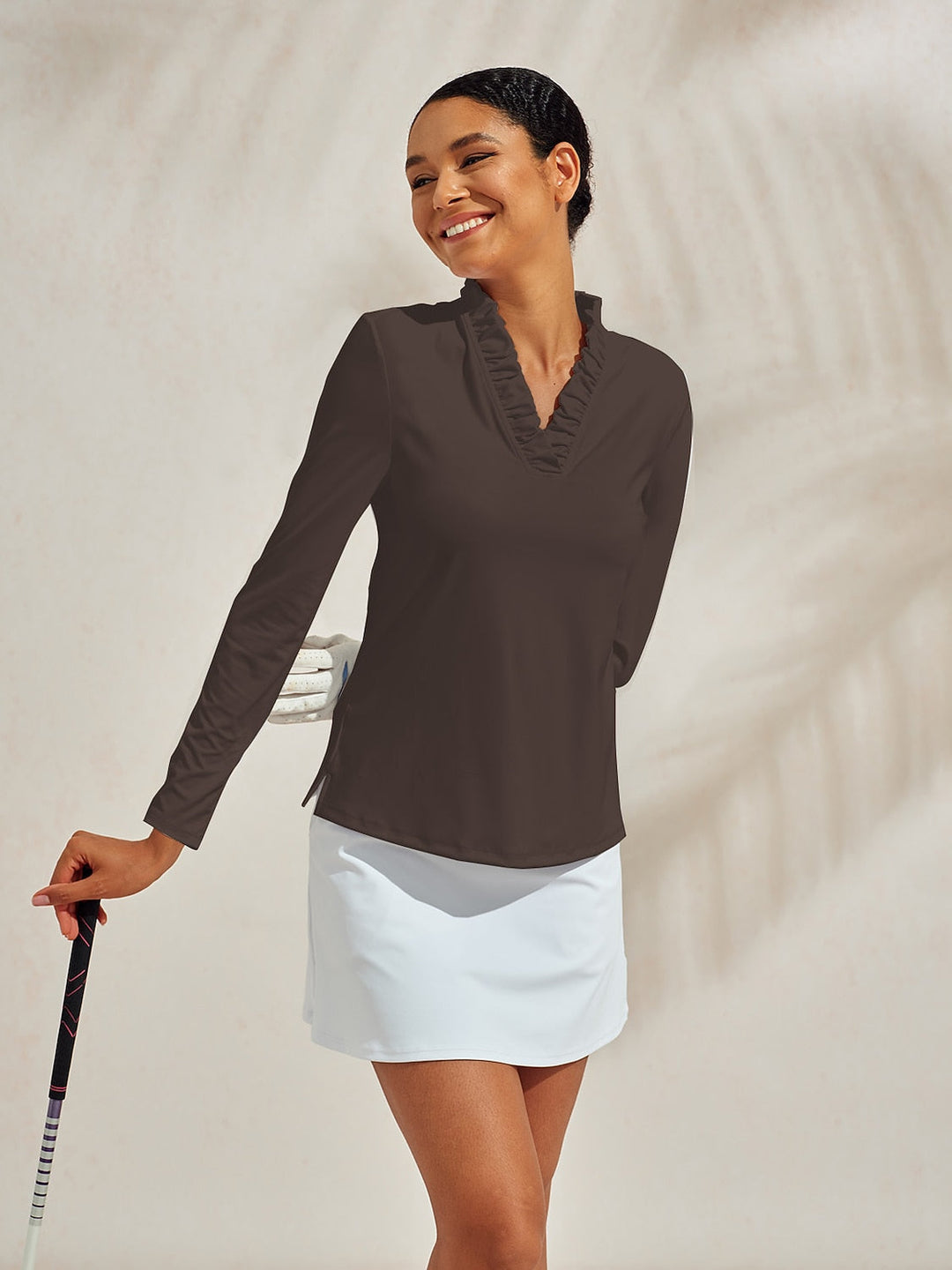 Golf-Poloshirt für Damen mit UV-Schutz UPF50+ und V-Ausschnitt | Langärmeliges Sportshirt mit Rüschendetail