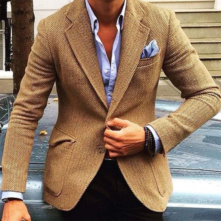 Blazer en laine vintage avec motif chevrons et col pour homme