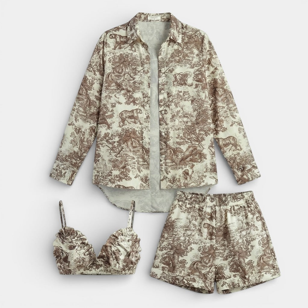 Conjunto de Tres Piezas con Estampado Floral para Mujer – Estilo Veraniego con Shorts